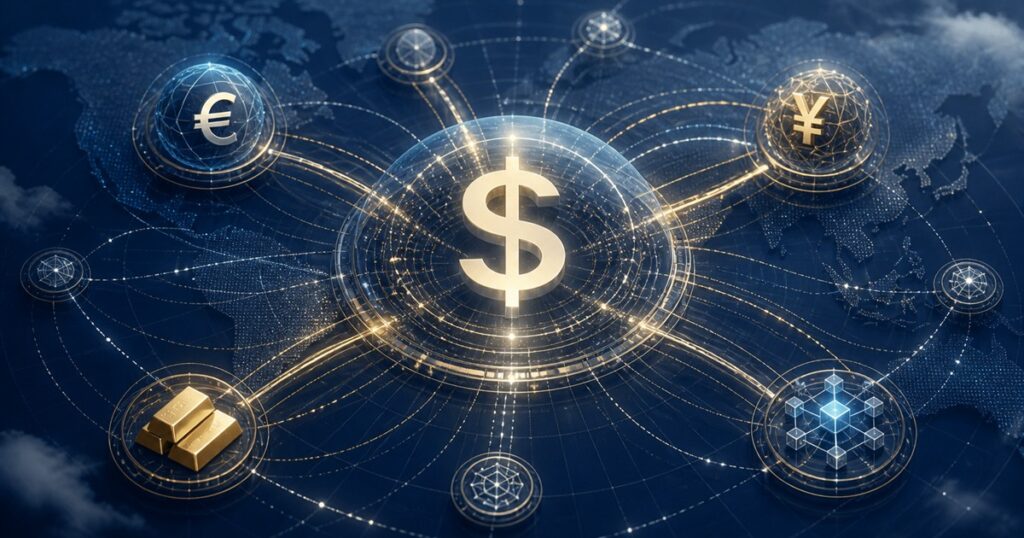 中央の米ドルを核に、ユーロ・人民元・金・デジタル決済がネットワークでつながる世界金融構造のイメージ